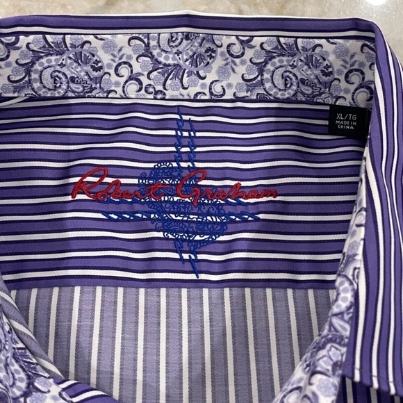 Robert Graham Flip Cuff Long Sleeve Dress Shirt Purple/White Stripes/Paisley; XL - Picture 3 of 3